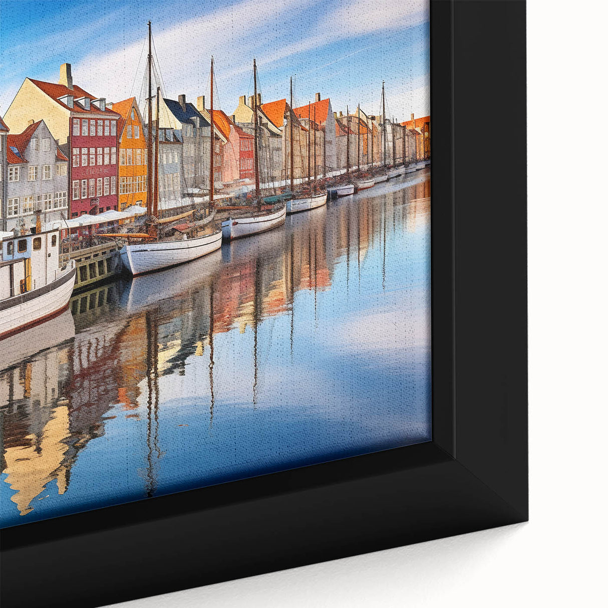 Extra large framed canvas featuring a textured depiction of a European scenery in black with colorful accents.