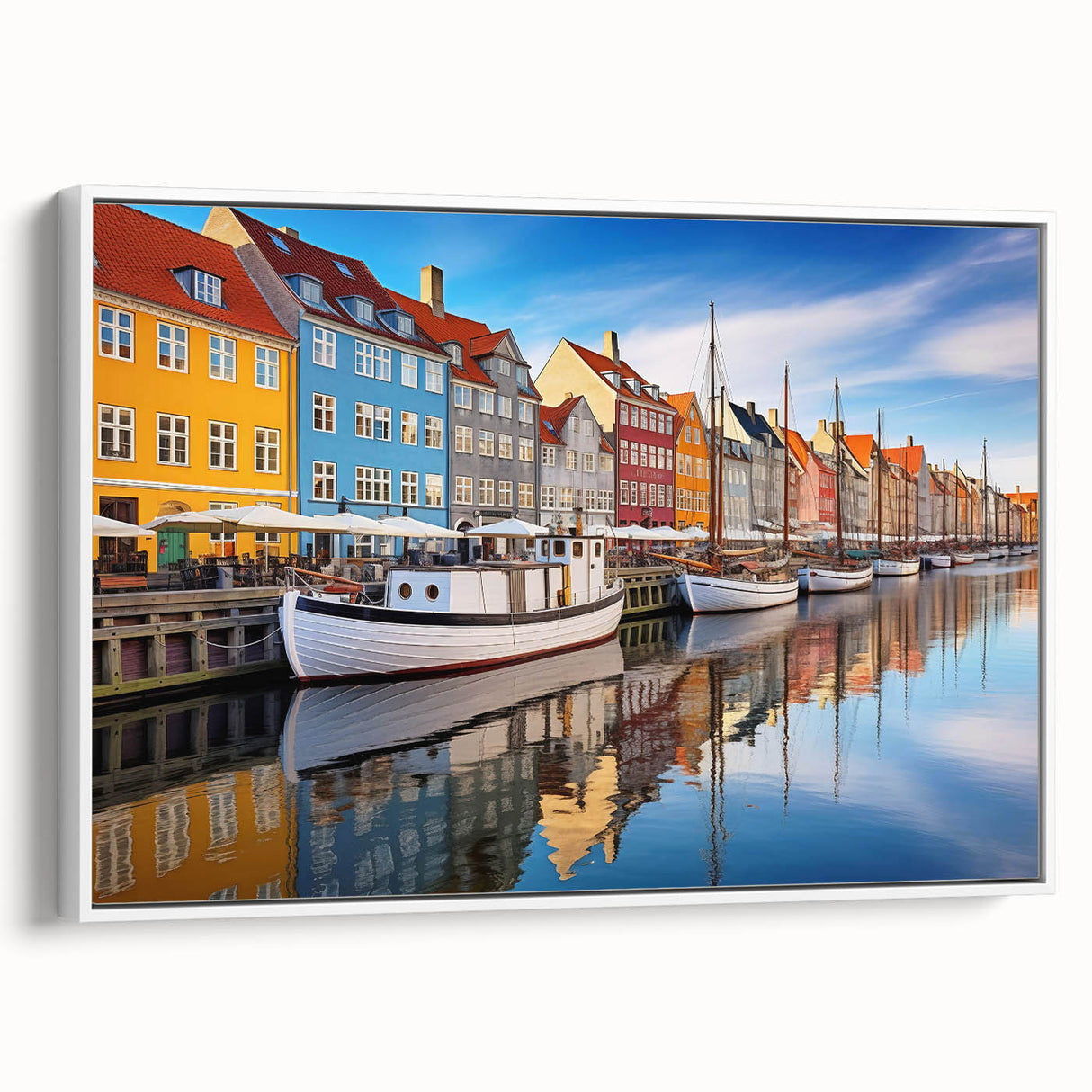 Vintage poster art of a European Denmark scenery on framed canvas, featuring a blend of black and colorful art.