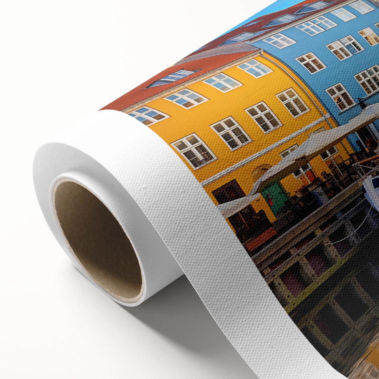 Art deco poster of a European Denmark scenery in muted blue and gray tones on rolled canvas, ideal for nursery wall art.