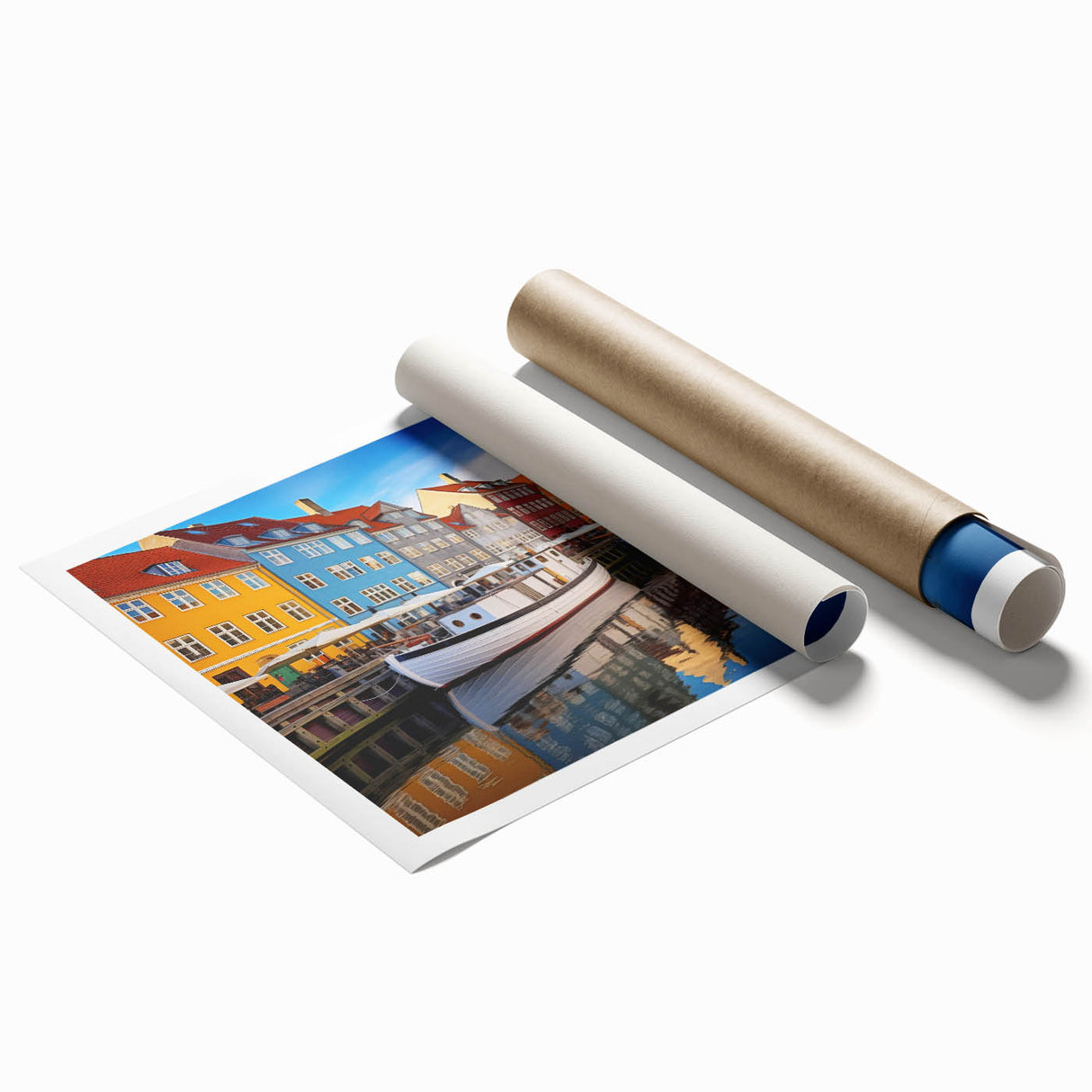 Extra large rolled canvas print of a serene Danish landscape in muted green and blue tones.
