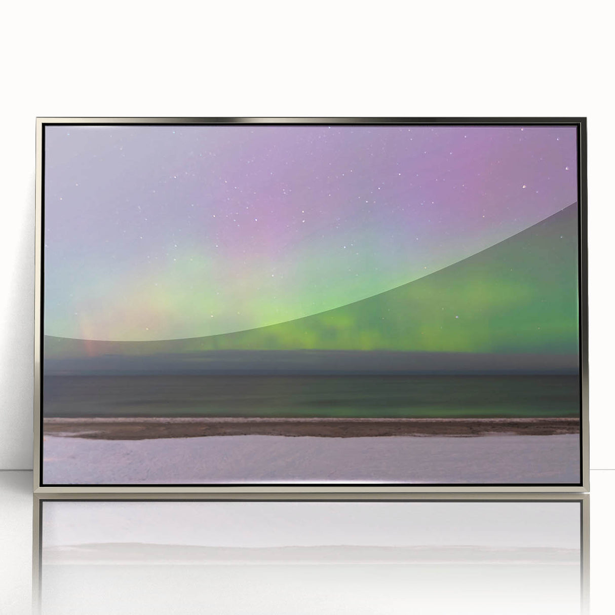 Large art print of a serene European scenery in Latvia, in muted green and blue tones on a silver-framed acrylic.