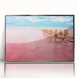 Mid-century modernist art depicting a Yucatan scenery in muted earth tones on a framed acrylic print.