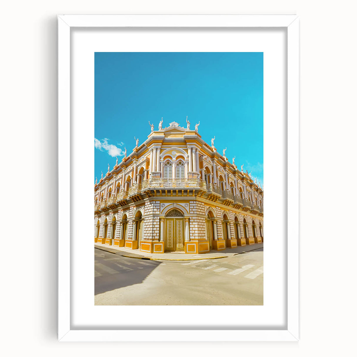Abstract art print depicting a Bolivian landscape in muted earth tones on a framed white mat.