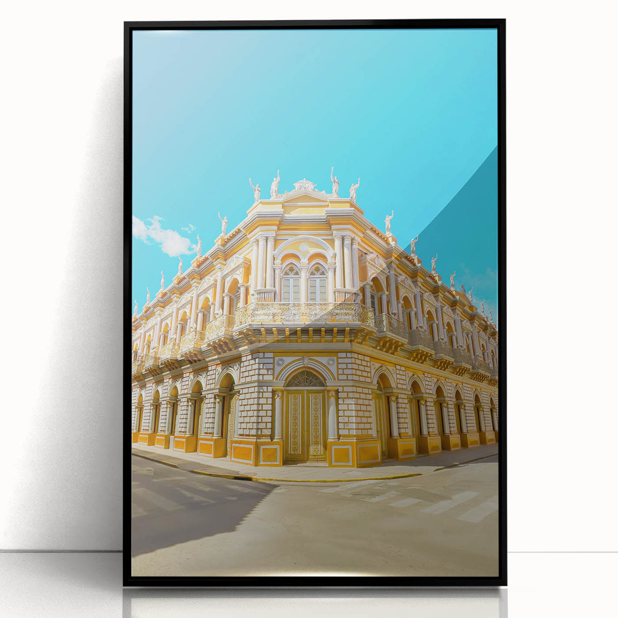 Large abstract wall art depicting a Bolivian landscape in muted earth tones, framed in black acrylic.