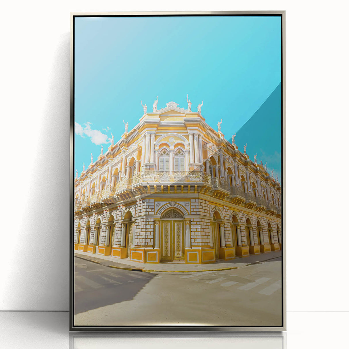 Mid-century modernist art depicting a Bolivian landscape in muted earth tones on a framed acrylic print.