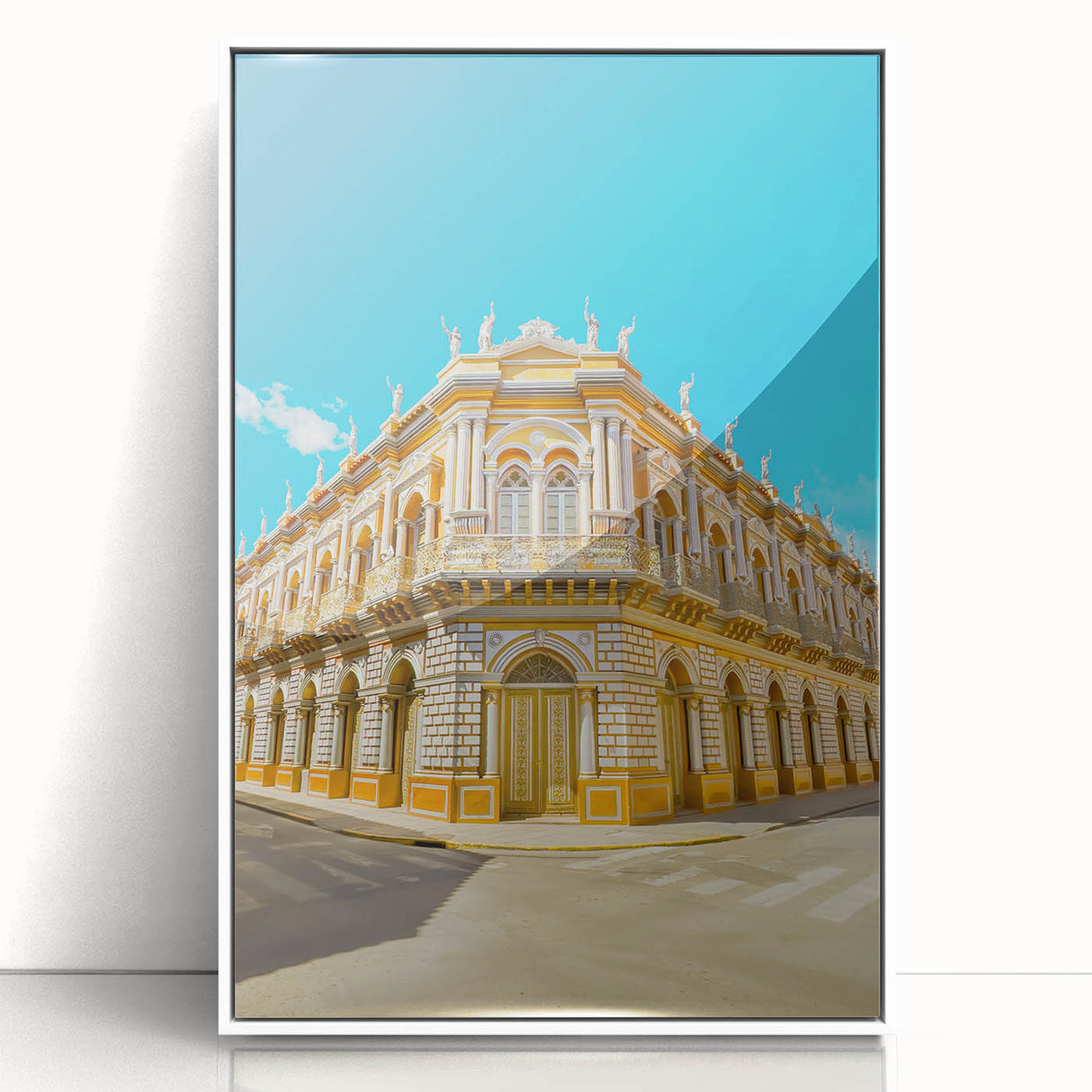 Art Deco poster of a Bolivian landscape in muted earth tones on a white framed acrylic, ideal for modern art wall decor.