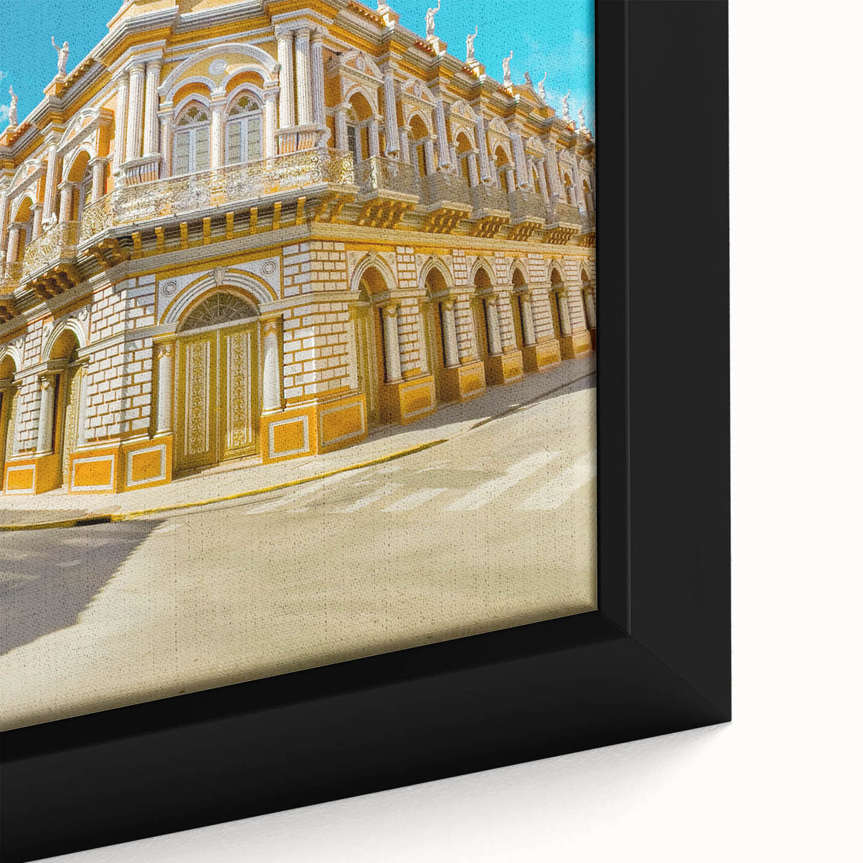 Extra large framed canvas depicting a textured, colorful Bolivian landscape on a black background.