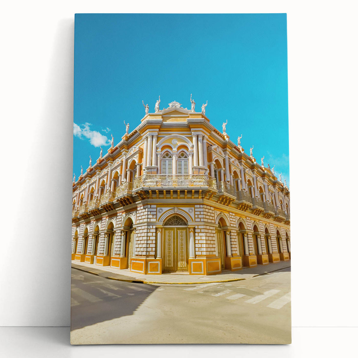 Black and white stretched canvas depicting a scenic Bolivian landscape, ideal for kitchen wall art or bedroom decor.