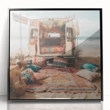 Large abstract wall art featuring a mid-century modernist caravan design in black and white tones.