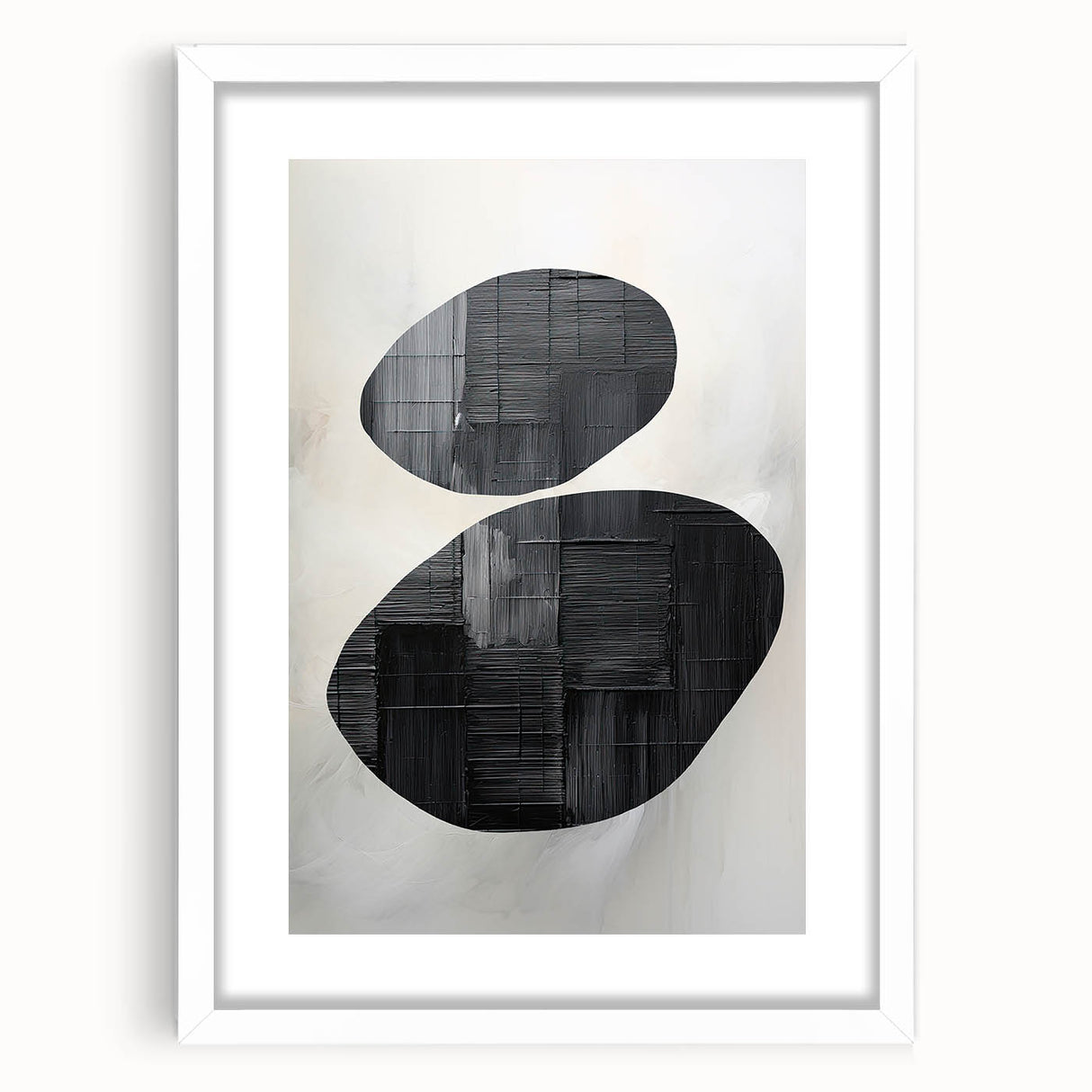 Abstract minimalist wall art framed in white with a mat, showcasing soft geometric shapes in muted tones, perfect for modern home decor.