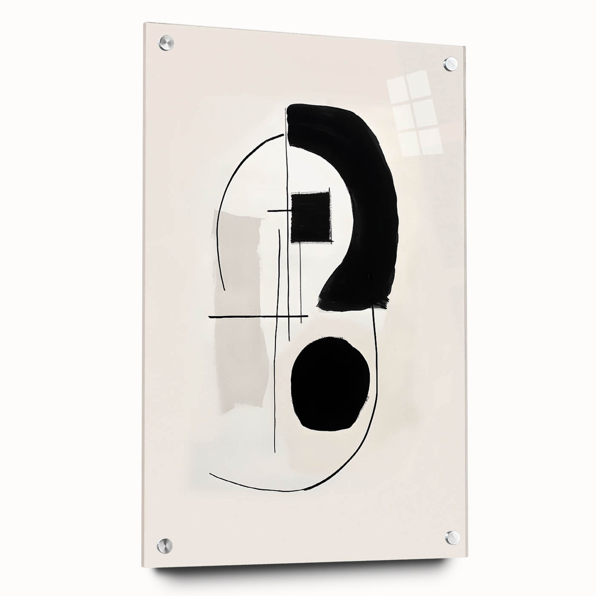 Abstract minimalist wall art design showcasing vibrant colors and geometric shapes, elegantly displayed under acrylic glass, perfect for modern home decor.