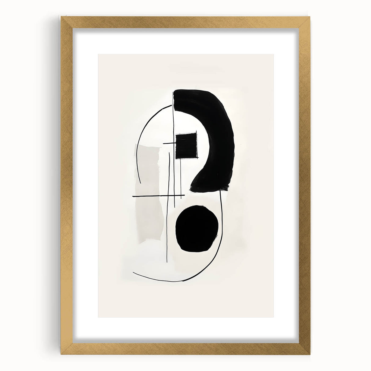 Abstract minimalist wall art featuring a gold frame and mat, showcasing a contemporary design ideal for modern home decor. Perfect for enhancing living spaces with elegance.