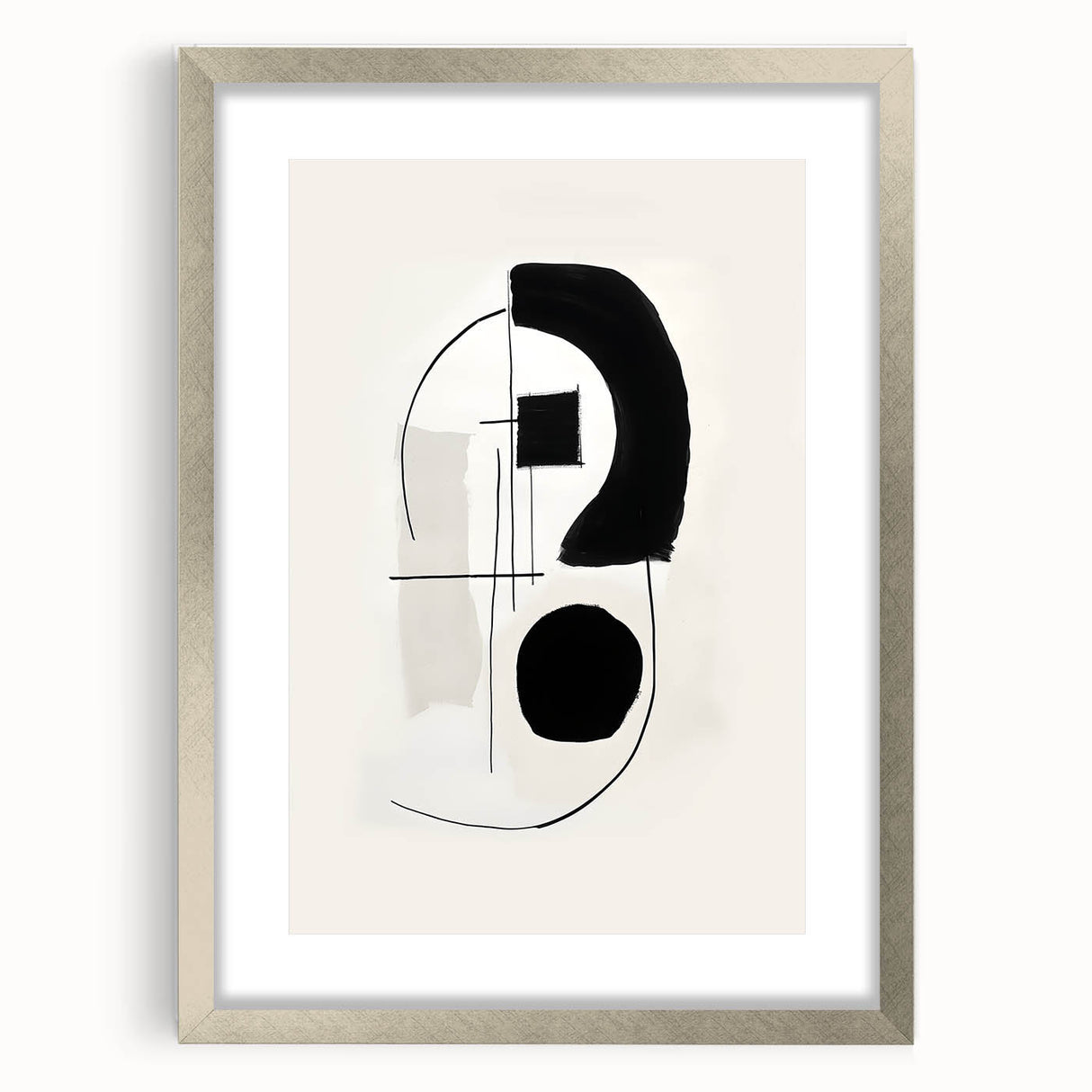 Abstract minimalist wall art framed in silver with a white mat, showcasing geometric shapes and soft neutral tones, ideal for modern decor.