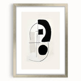 Abstract minimalist wall art framed in silver with a white mat, showcasing geometric shapes and soft neutral tones, ideal for modern decor.