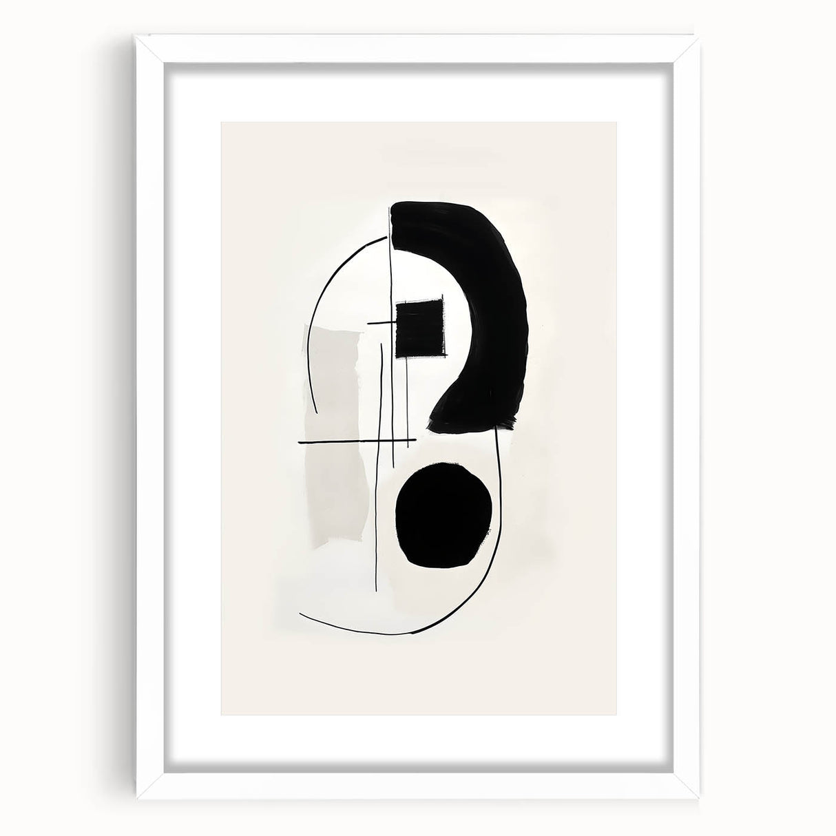 Abstract minimalist wall art frame with a white mat, showcasing geometric shapes and soft colors, ideal for modern home decor and enhancing interior aesthetics.