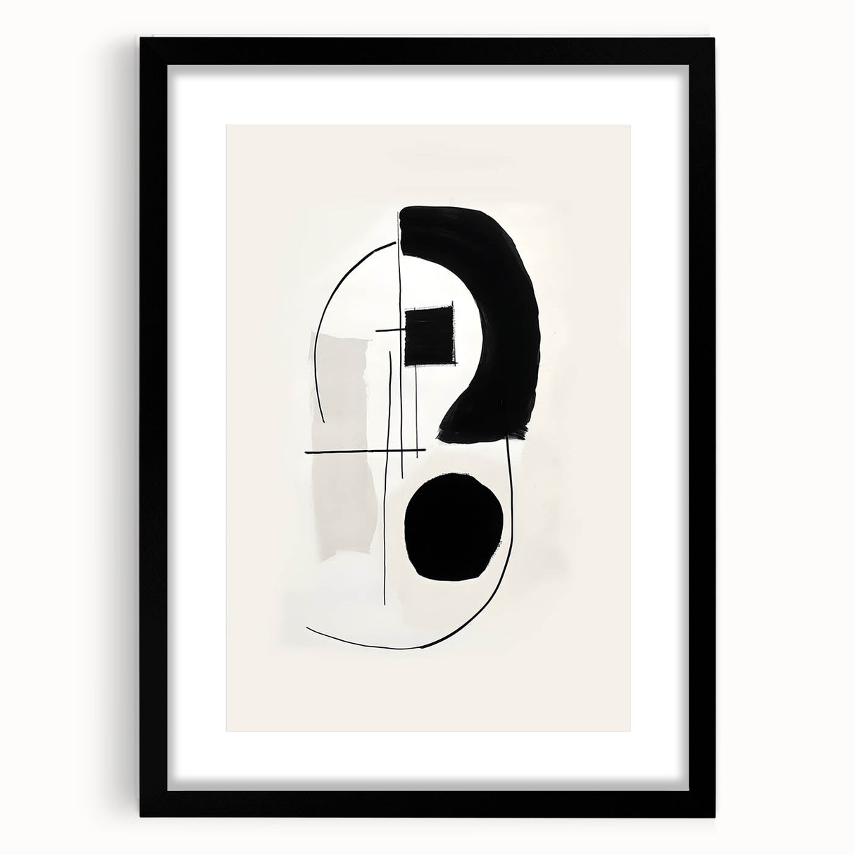 Abstract minimalist wall art framed with a white mat, featuring soft pastel colors and geometric shapes, perfect for modern home decor.