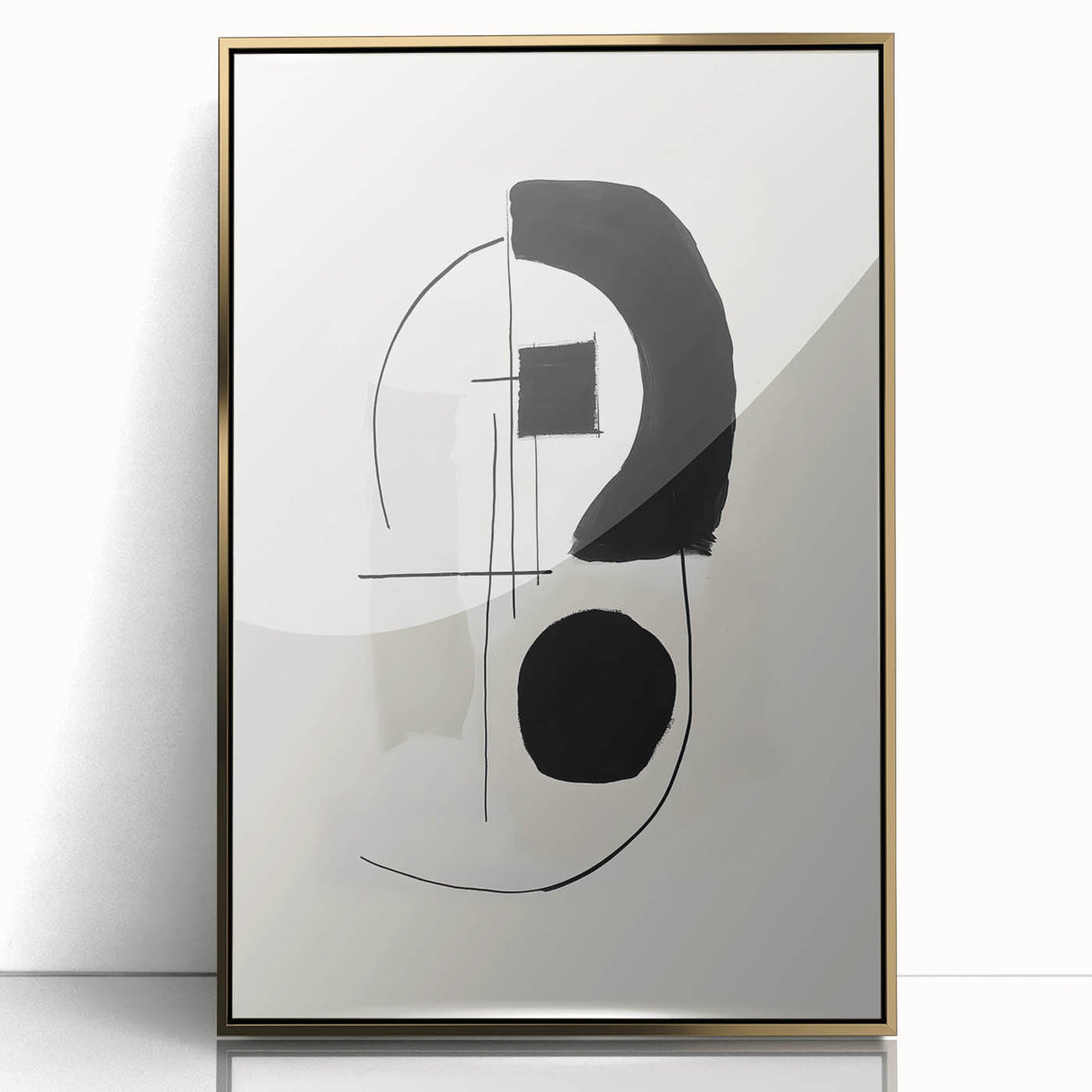 Framed abstract minimalist wall art featuring a gold-acrylic design, showcasing elegant geometric shapes on a light background, perfect for modern decor.