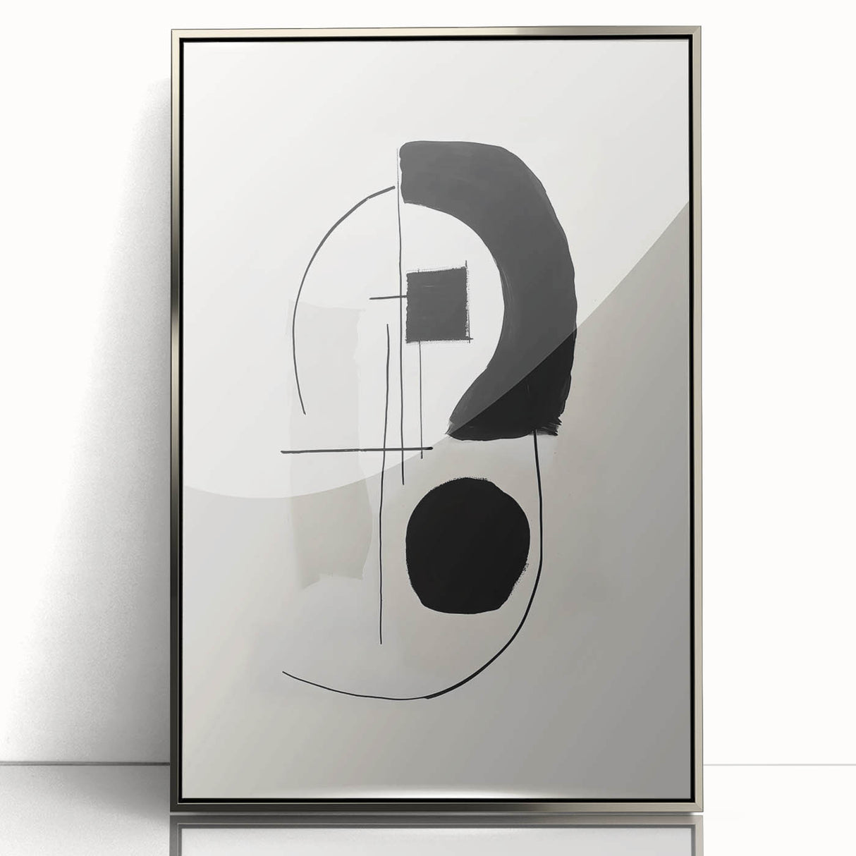 Framed abstract minimalist wall art with silver acrylic finish, showcasing geometric patterns in shades of gray and white, perfect for modern interior decor.