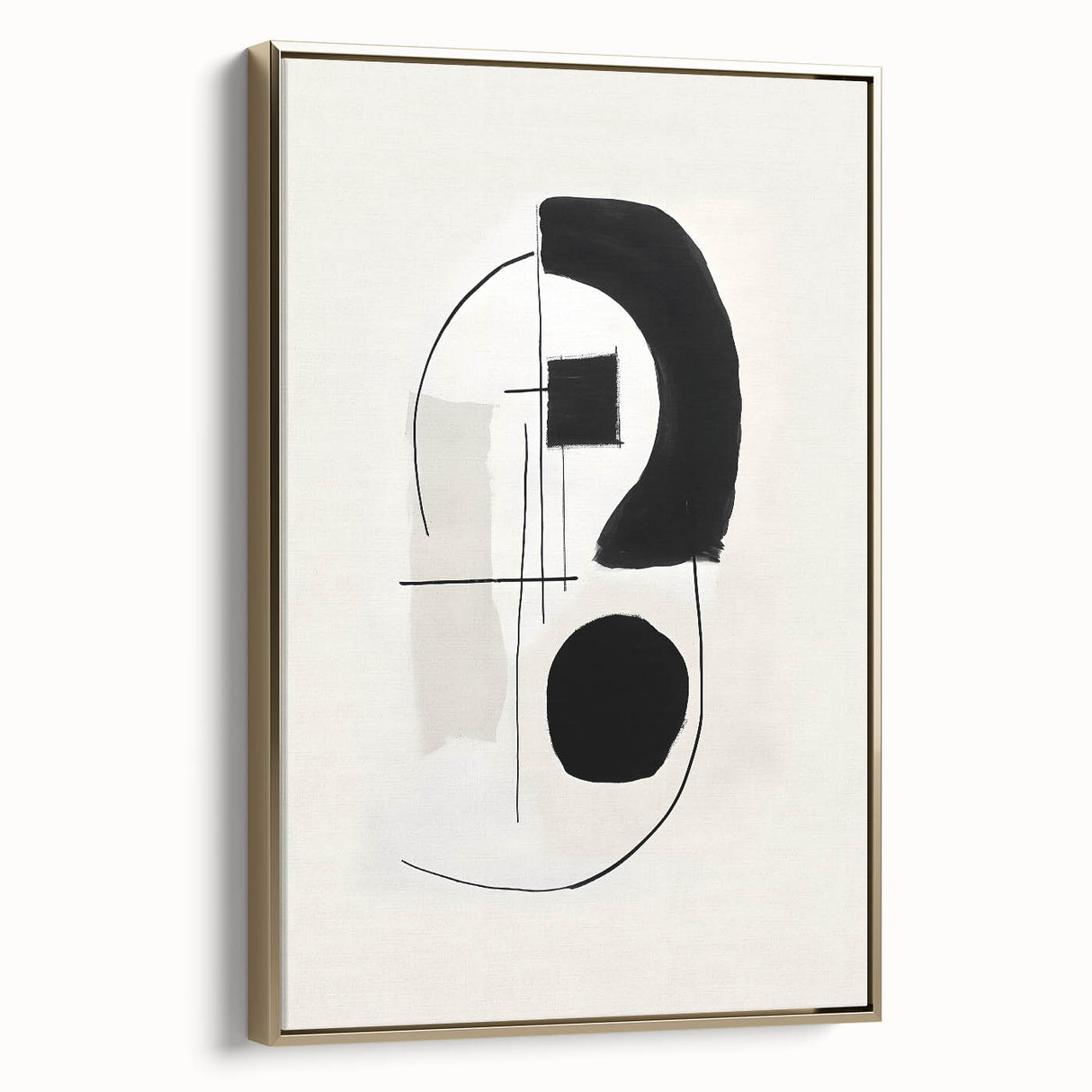 Framed minimalist wall art featuring an abstract design with gold accents, displayed from the side to highlight its sleek profile and modern aesthetic. Perfect for contemporary home decor.
