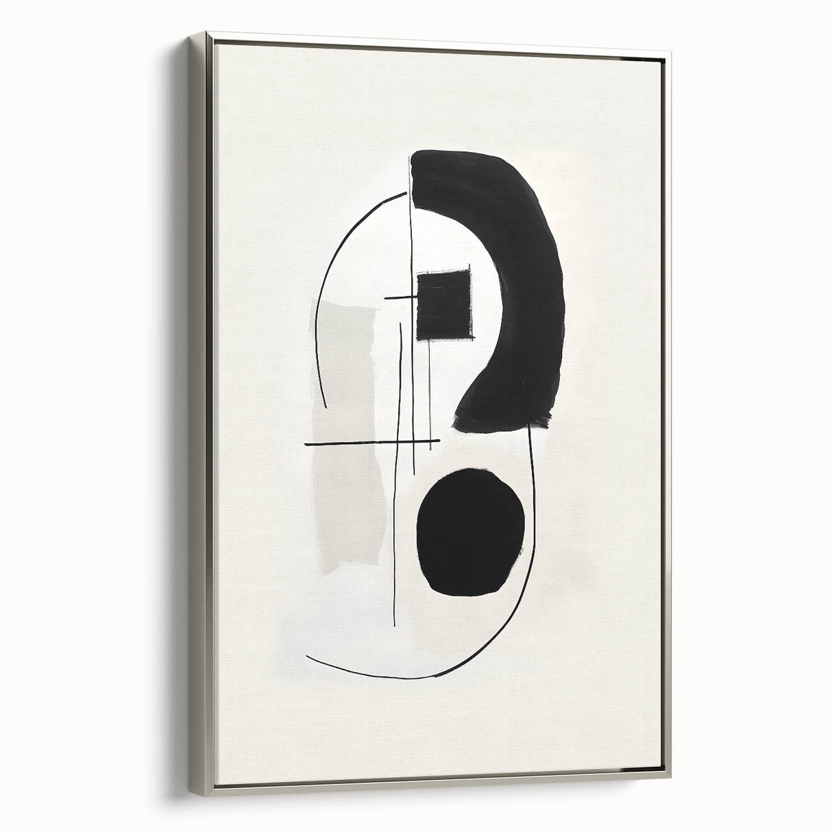 Framed abstract minimalist wall art in silver tones, showcasing a sleek design suitable for modern interiors, viewed from the side, emphasizing its elegant finish.