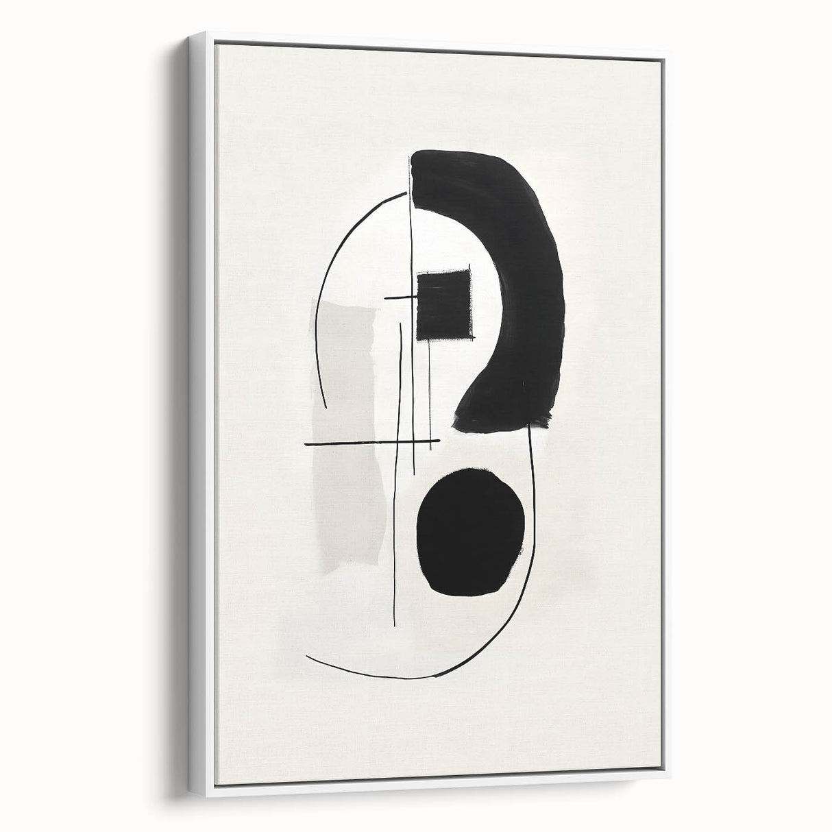 Abstract minimalist wall art in a sleek white frame, showcasing geometric shapes and soft neutral tones, perfect for modern home decor. This side view emphasizes the art's elegant design and framing details, making it an ideal accent piece for any wall.