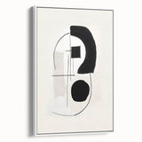 Abstract minimalist wall art in a sleek white frame, showcasing geometric shapes and soft neutral tones, perfect for modern home decor. This side view emphasizes the art's elegant design and framing details, making it an ideal accent piece for any wall.