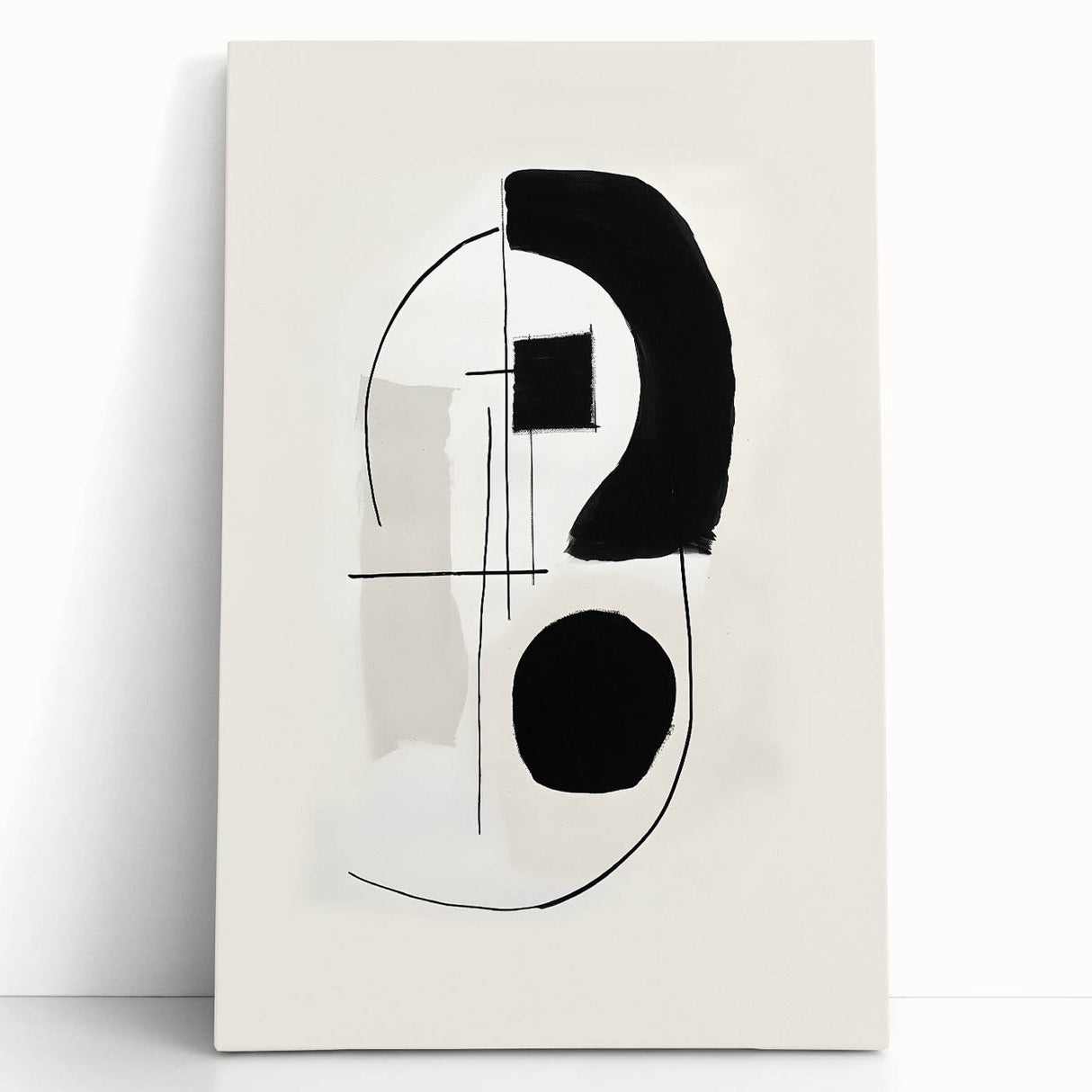 Abstract minimalist wall art on stretched canvas, featuring soft pastel colors and geometric shapes, elegantly leaning against a white wall, perfect for modern decor.