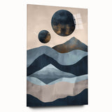 Abstract minimalist wall art displayed in acrylic glass, showcasing a side view that highlights its sleek design and vibrant colors, perfect for modern home decor.