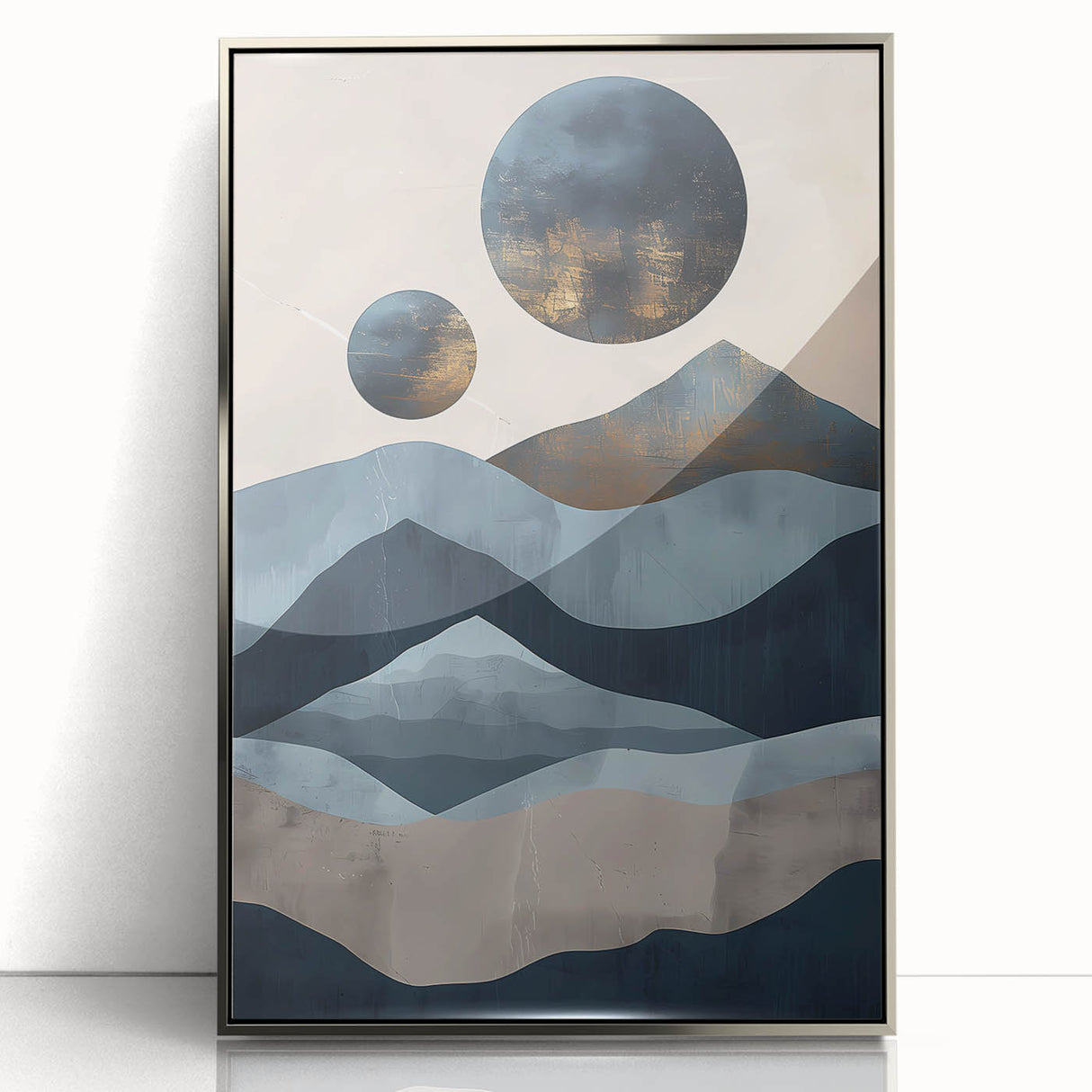 Framed abstract minimalist wall art featuring a silver acrylic design, showcasing geometric patterns and a sleek modern aesthetic, ideal for contemporary decor.