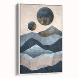 Framed abstract minimalist wall art in a sleek white frame, showcasing soft pastel colors and geometric shapes, ideal for modern home decor and artistic ambiance.