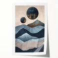 Abstract minimalist wall art print in soft pastel colors, showcasing geometric shapes and fluid patterns, rolled and ready for display in a protective tube.