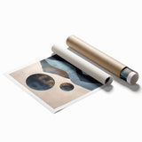 Abstract minimalist wall art print featuring soft pastel colors and geometric shapes, elegantly rolled and packaged in a protective cardboard tube for easy shipping.