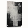 Abstract minimalist wall art displayed in a side view, featuring vibrant colors and geometric shapes, mounted with pins on a sleek acrylic glass surface. Perfect for modern home decor.