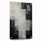 Abstract minimalist wall art displayed in a side view, featuring vibrant colors and geometric shapes, mounted with pins on a sleek acrylic glass surface. Perfect for modern home decor.