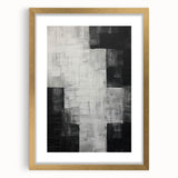 Abstract minimalist wall art framed in gold with a white mat, showcasing geometric shapes and soft colors, perfect for contemporary home decor.