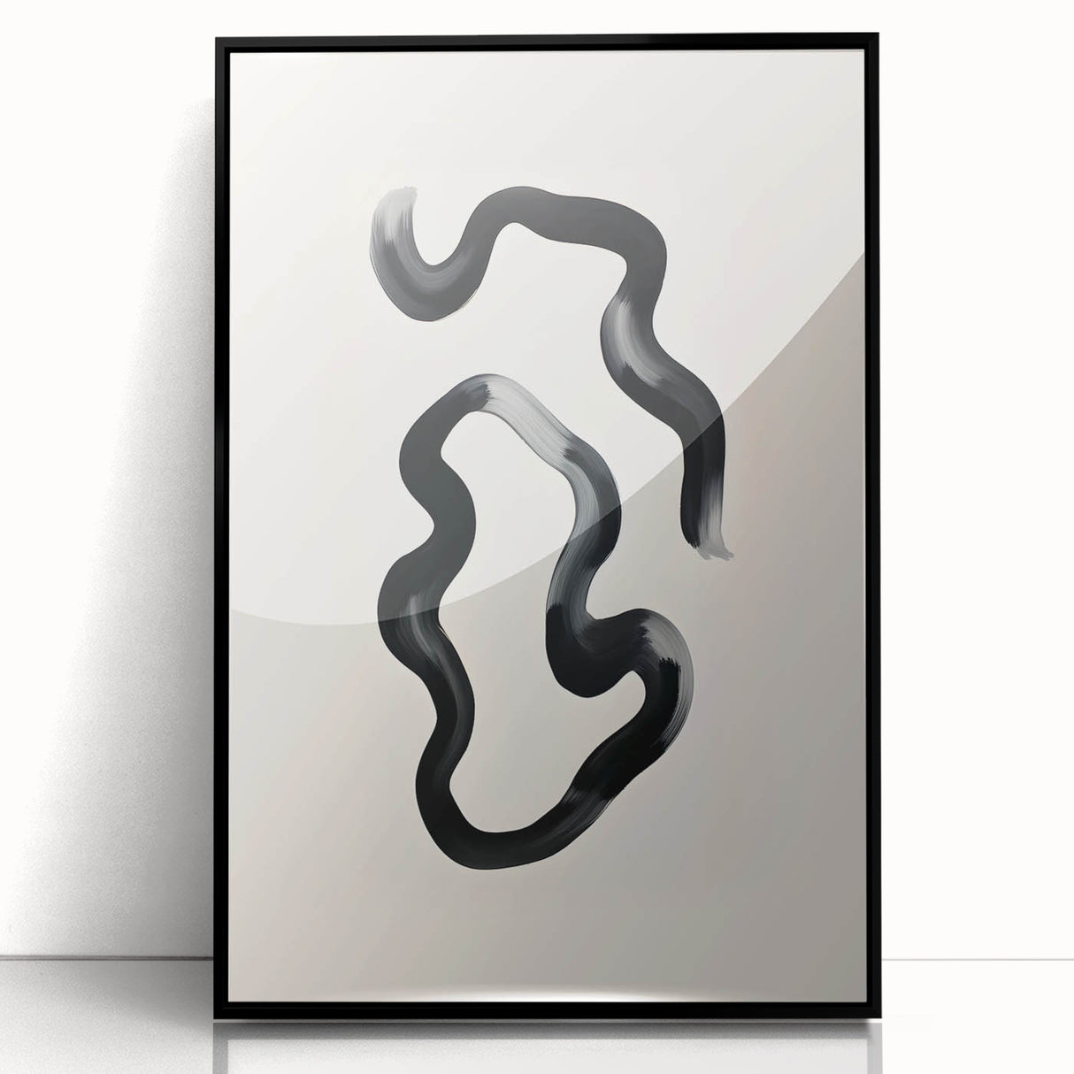 Framed abstract minimalist wall art featuring a black acrylic design that adds modern elegance to any space, highlighting its sleek lines and sophisticated aesthetic.