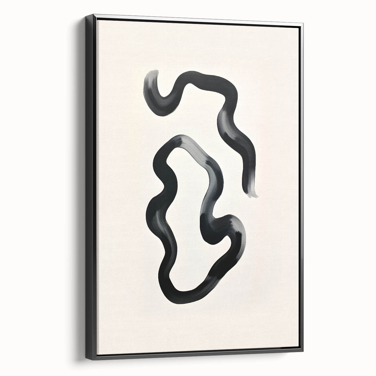 Framed minimalist abstract wall art showcasing a black design on canvas, viewed from the side, ideal for modern home decor and enhancing interior aesthetics.