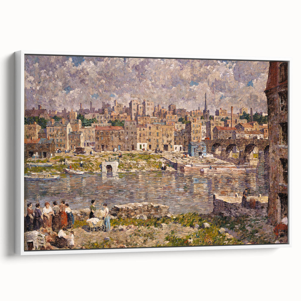 Modern Wall Art - Vibrant Riverside Town Scene | Classic Cityscape Decor