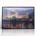 Framed acrylic artwork showcasing a stunning landscape with a medieval castle, presented in a sleek black frame, ideal for home decor and art enthusiasts.