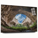 Acrylic glass artwork depicting stunning landscapes and caves, showcasing intricate details and vibrant colors from a side view, perfect for modern decor.