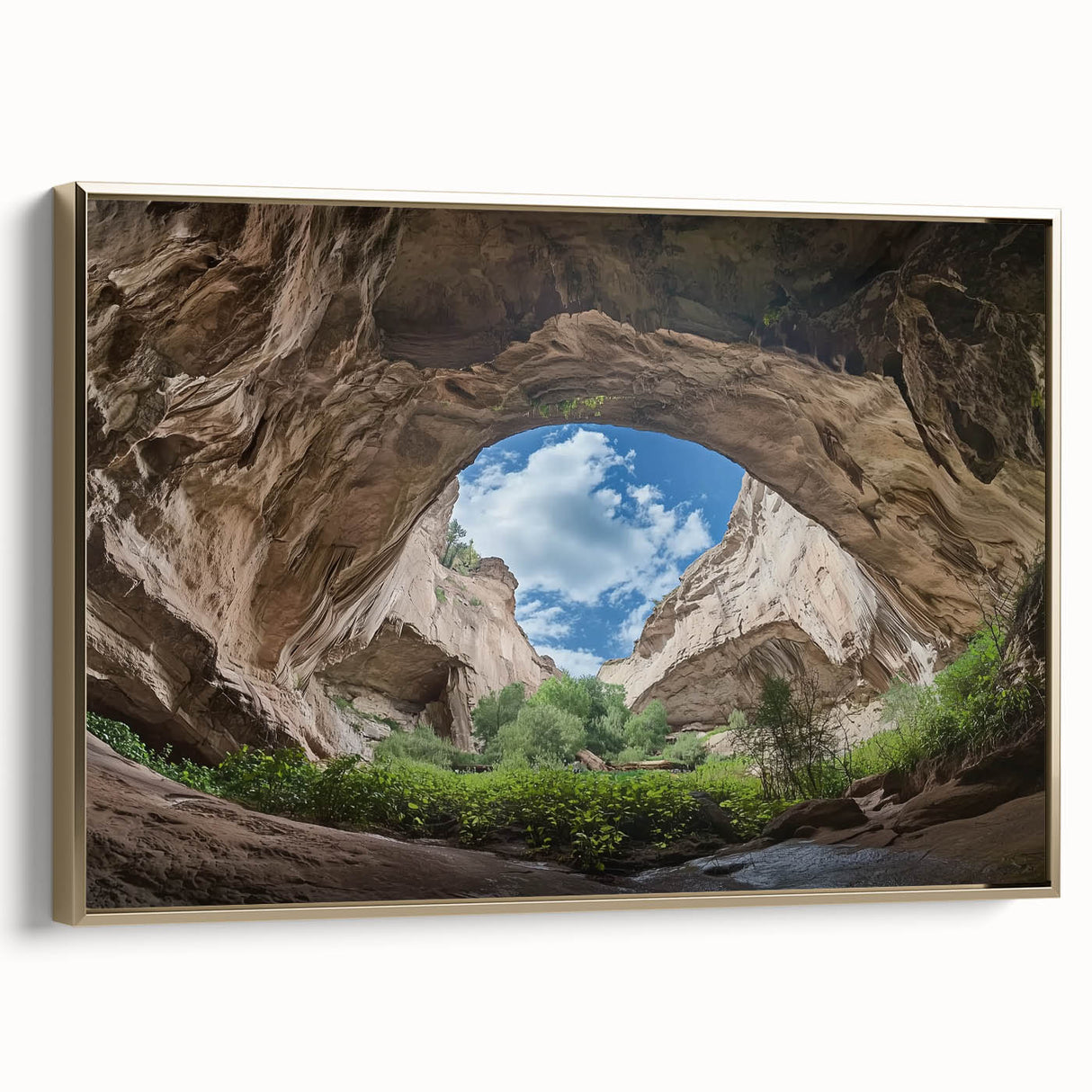 Framed canvas artwork showcasing a stunning cave landscape design with a gold frame, ideal for home decor. The art piece features rich colors and intricate details that enhance any interior space. Perfect for nature lovers and art enthusiasts looking to elevate their wall aesthetics.