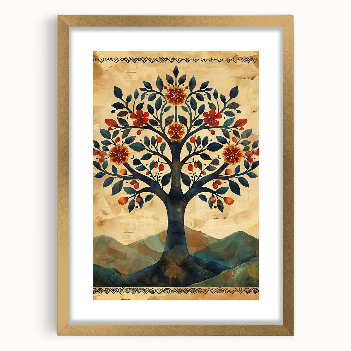 Framed Dining Room Prints - Vintage Folk Art Tree Canvas