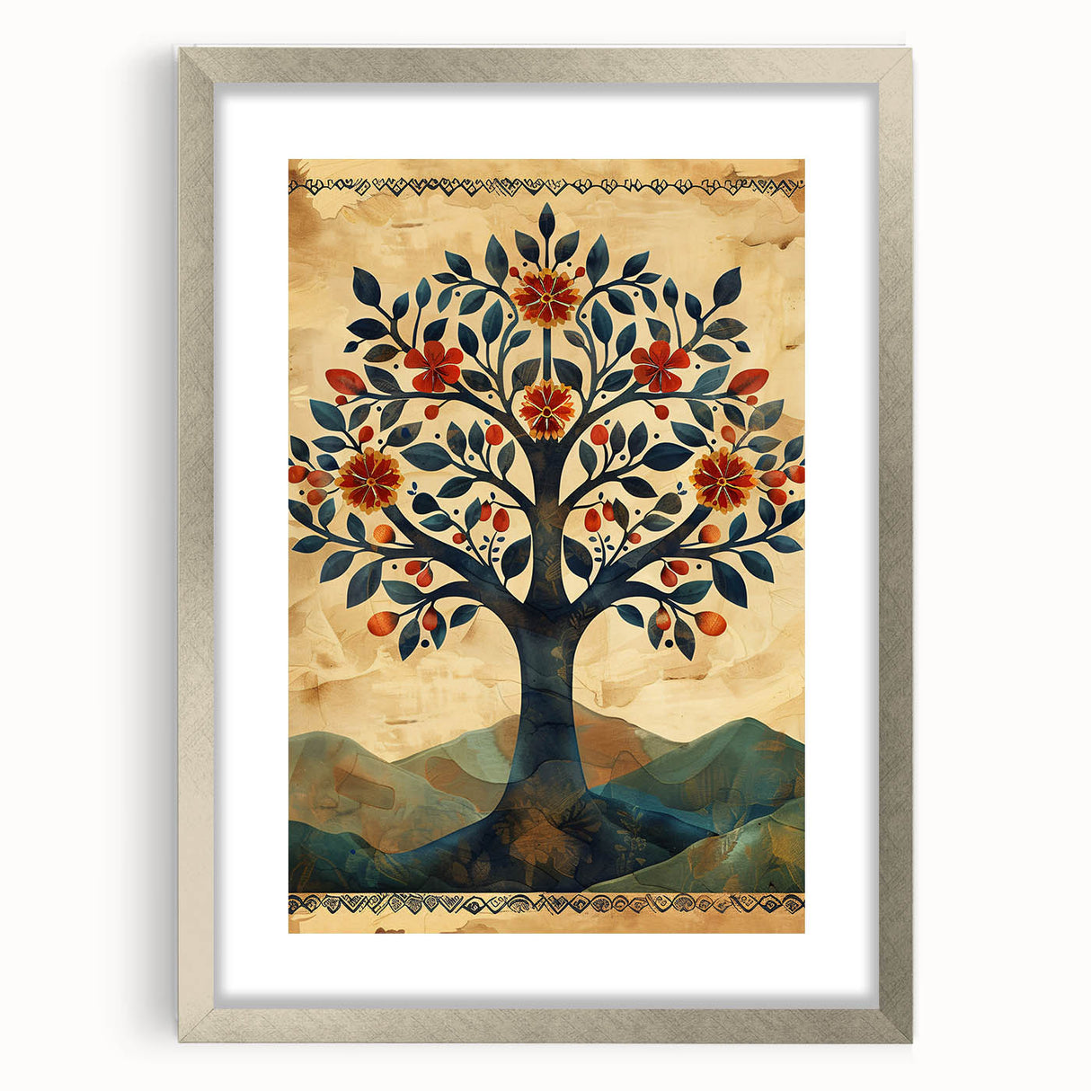 Framed Dining Room Prints - Vintage Folk Art Tree Canvas