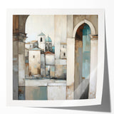 Abstract architectural wall art print featuring bold geometric shapes in vibrant colors, displayed in a glossy mockup setting for contemporary decor inspiration.