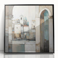 Abstract architectural wall art in a black frame, showcasing geometric shapes and lines, perfect for modern decor in living spaces or offices.