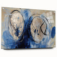 Abstract acrylic art piece featuring vibrant splatters of blue, pink, and yellow, mounted on clear glass with decorative pins. Perfect for modern decor.