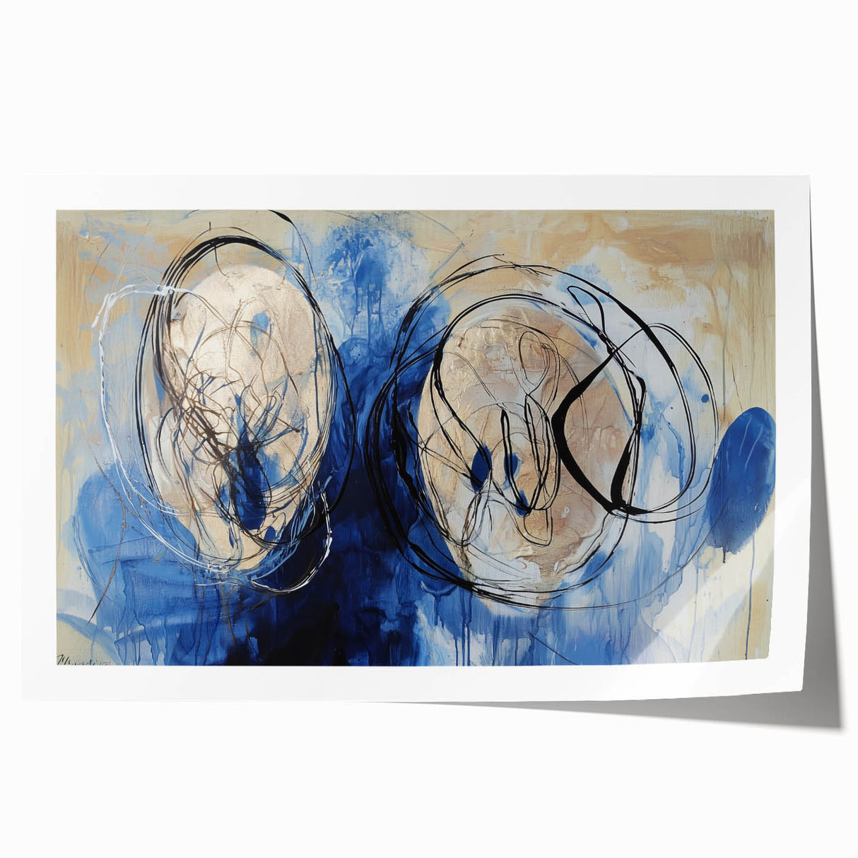 Abstract splatter art print showcasing vibrant colors and dynamic shapes, rolled for easy transport and featuring a textured finish, ideal for modern decor.
