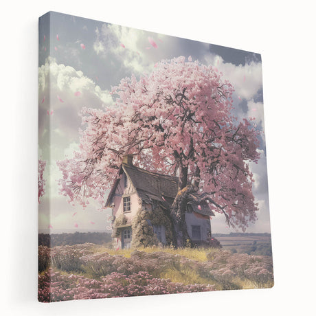 Side view of a stretched canvas featuring a minimalist design of white cottages and clear skies.