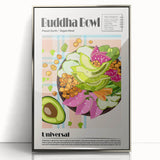 Mid-century modernist art featuring assorted food dishes in muted colors on a silver-framed acrylic print.