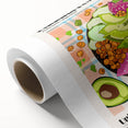Art deco poster featuring an array of colorful food dishes on rolled canvas, ideal for dining room wall art.